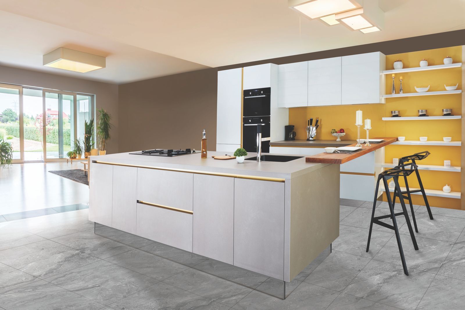 Flat-panel modern kitchen with a large island and yellow accent shelving